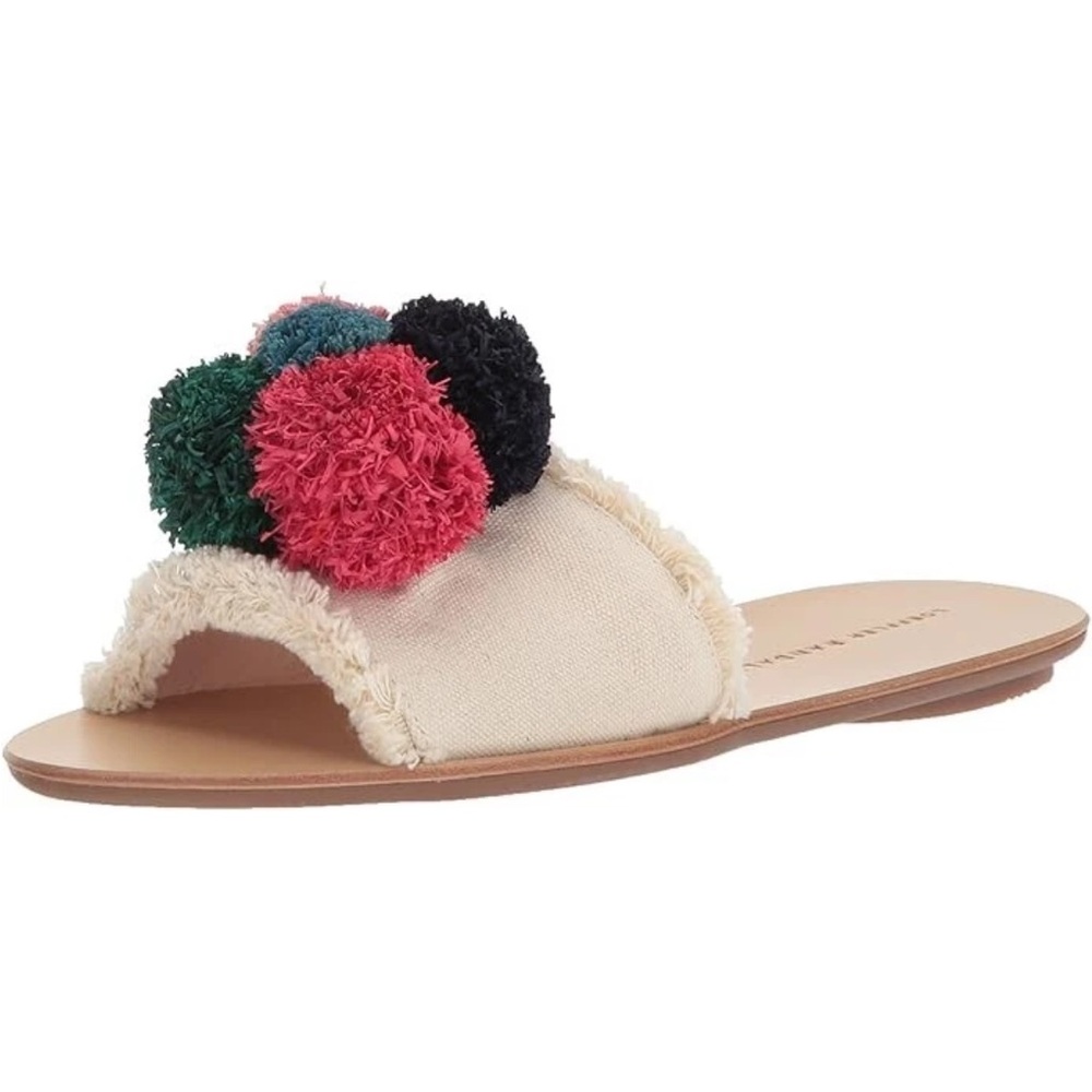 LOEFFLER RANDALL Women's Gabi Canvas Leather Pom Pom Flat Beige Slide Sandal 6 - Picture 9 of 9